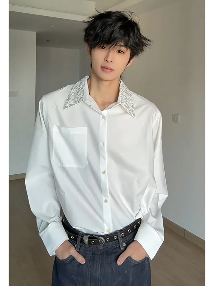 

Ele Embroidered Floral Collar irt for Men Spring Season Long Sve Suit Inner Wear Casual Loose Fit Youthful Trend