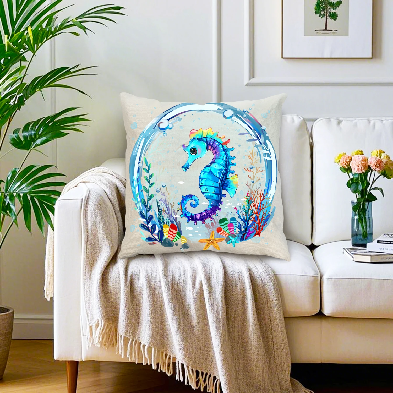 Cute Seahorse Linen Cushion Covers Tropical Ocean Animals Pillow Case Summer Nautical Coastal Decor Sofa Couch Bedroom Sea Gifts