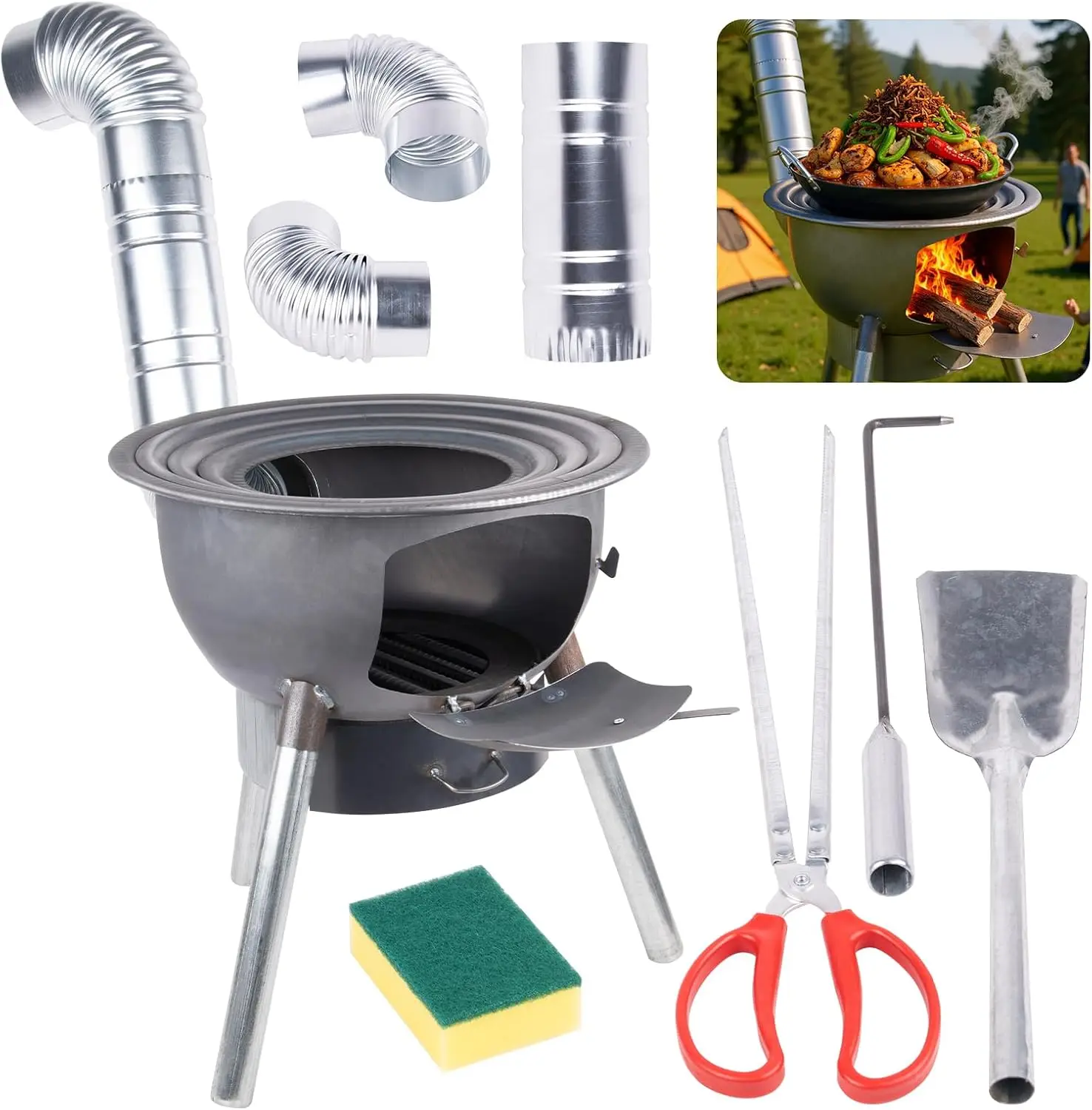 Portable Wood Burning Stove and Charcoal BBQ Grill, 17-Inch Multi-Function Rocket Stove for Car Camping, Backyard Outdoor Kitchen Equipment, Off-Grid Living Tools