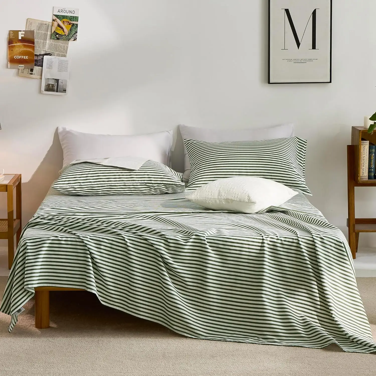 

Комплект постельного белья Queen Size из хлопка - зеленые и белые полосы, мягкая простыня на резинке с глубоким карманом, плоская простыня и наволочки