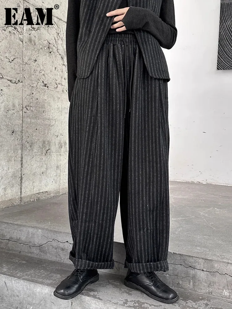 [EAM]  High Elastic Waist Black Stripe Wide Leg Thick Woolen Pants New Trousers Women Fashion Tide Autumn Winter 2024 1DH2448