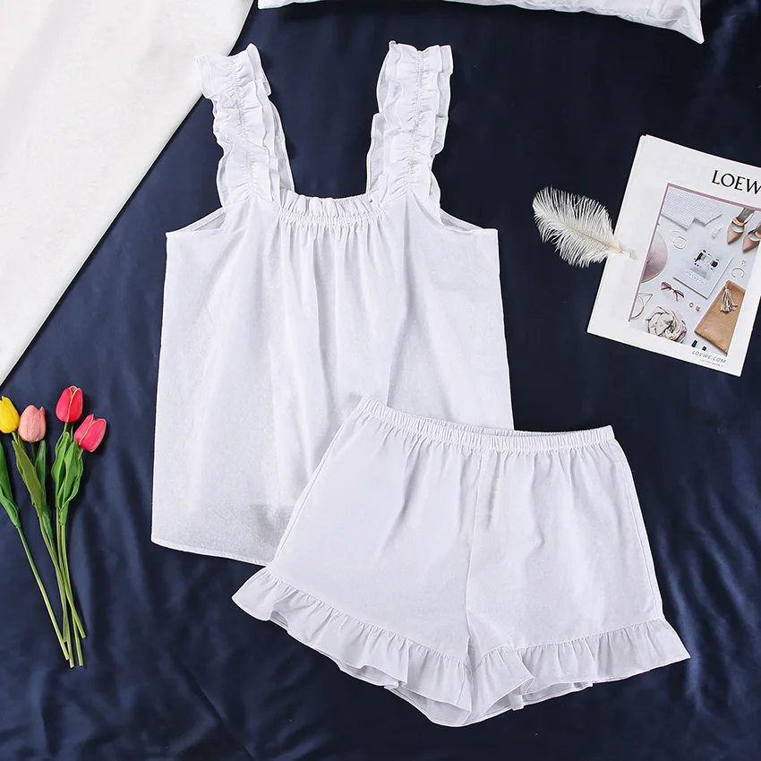 Summer Women Clothing White Ruffle Tank Top And Shorts Ladies Loungewear Casual Suit 100% Cotton 2 Piece Linen Set