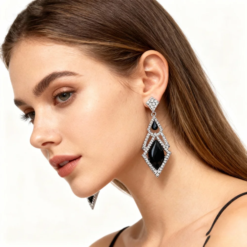 PESENAR 1920s Style Art Deco Silver-Tone Black Crystal Drop Ear Decoration Great for Role-play and Cosplay
