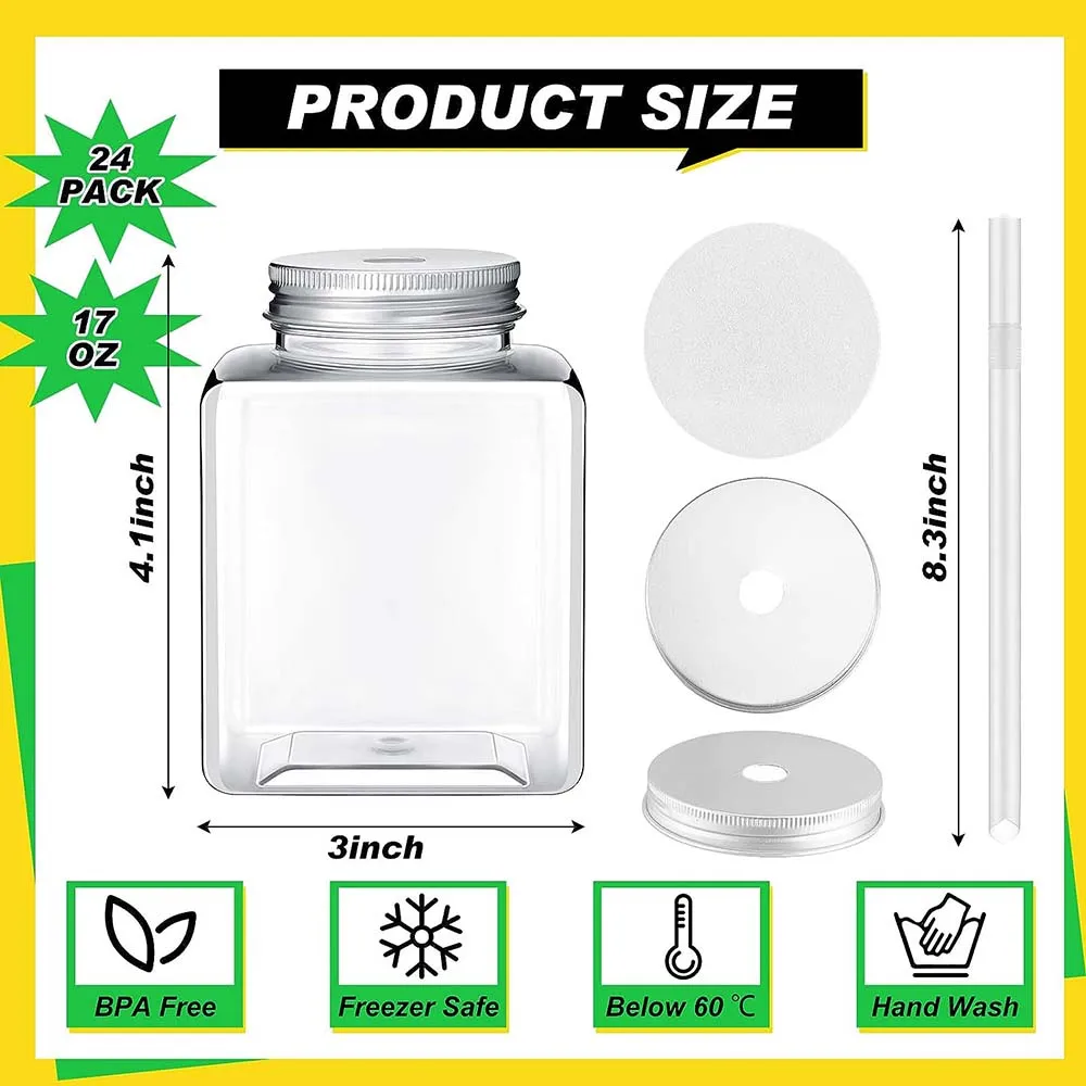 Square Plastic Mason Jars with Lid and Straws, Reusable Juice Jar, PET Clear, Water, Milk, Drinks, Drink, 17oz