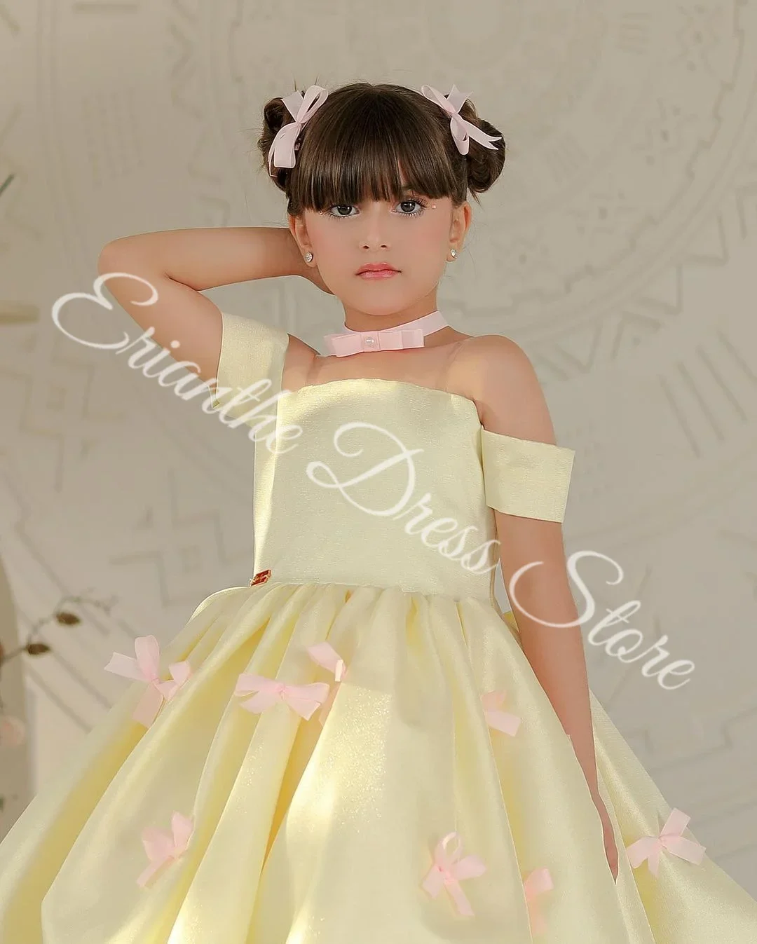 Customized Flower Girl Dress for Wedding Yellow with Pink Bows Satin Sleeveless Kids Birthday Party First Communion Ball Gowns