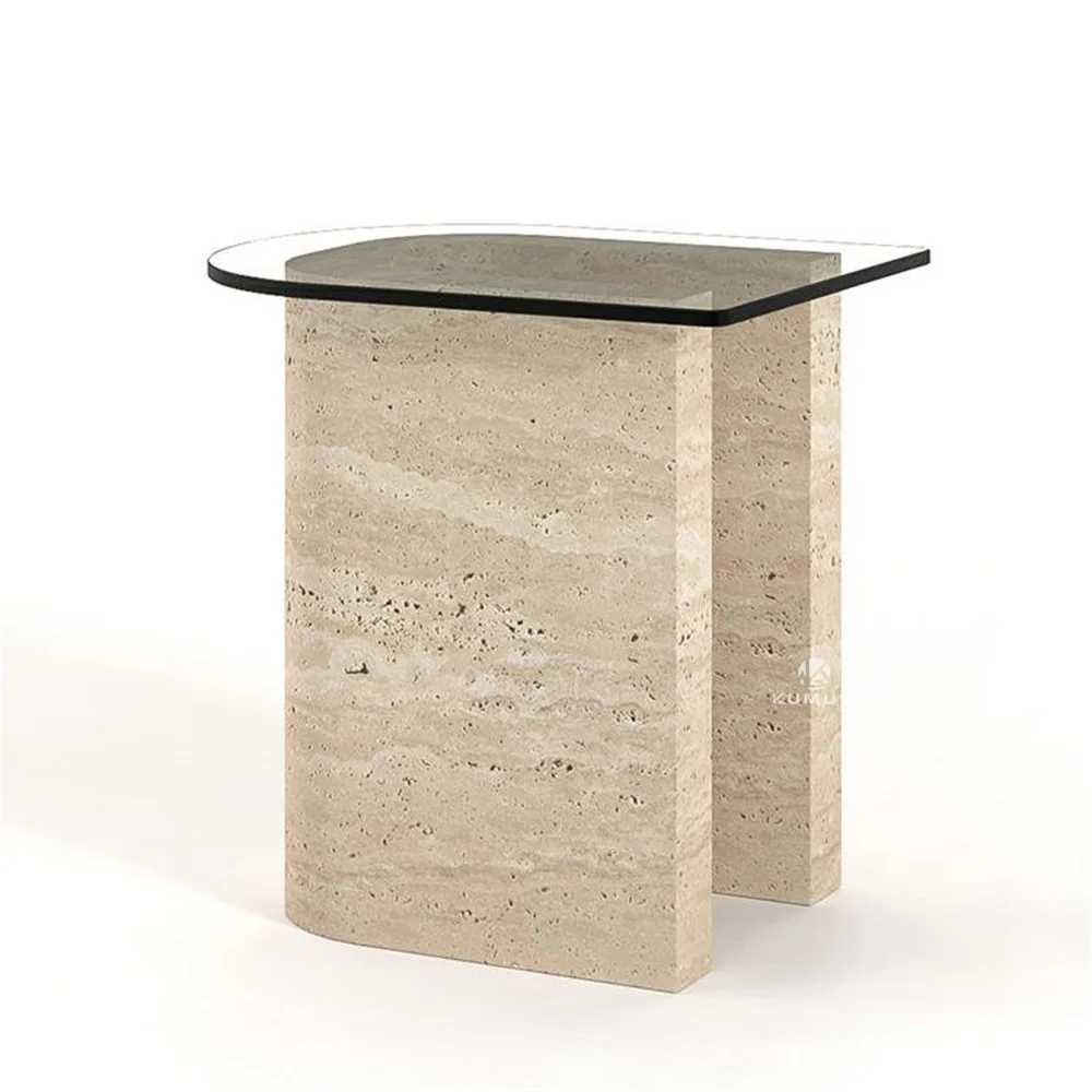 &d Household Concrete Textured Natural Stone Bedside Table Tempered Glass Countertop Small Side Table