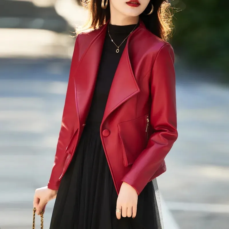 Fashion Red Black Short Leather Coat 2024 New Women Leather Jacket Casual Spring Autumn Jacket Tops Korean Version Suit Jacket