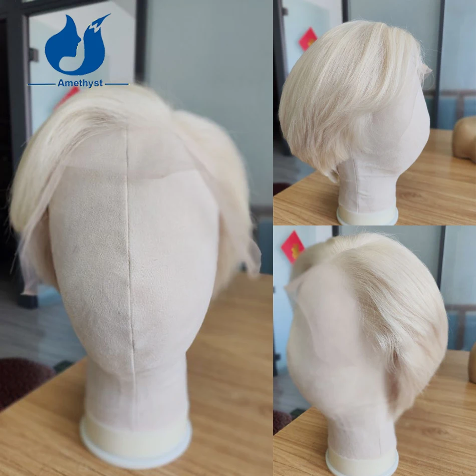 

Amethyst 13x4 White Platinum Short Bob Wig for Men with Side Bangs Layer Cut Pre Plucked Human Hair #60 Colored Lace Front Wig