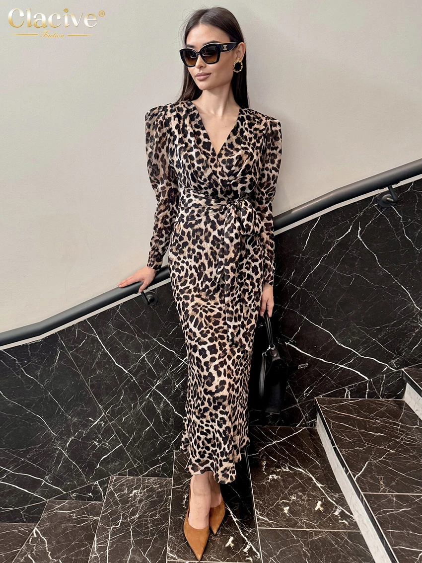 

Clacive Sexy Loose Leopard Print Women Dress Fashion V-Neck Long Sleeve Ankle Length Dresses Elegant Classic Party Dress Female