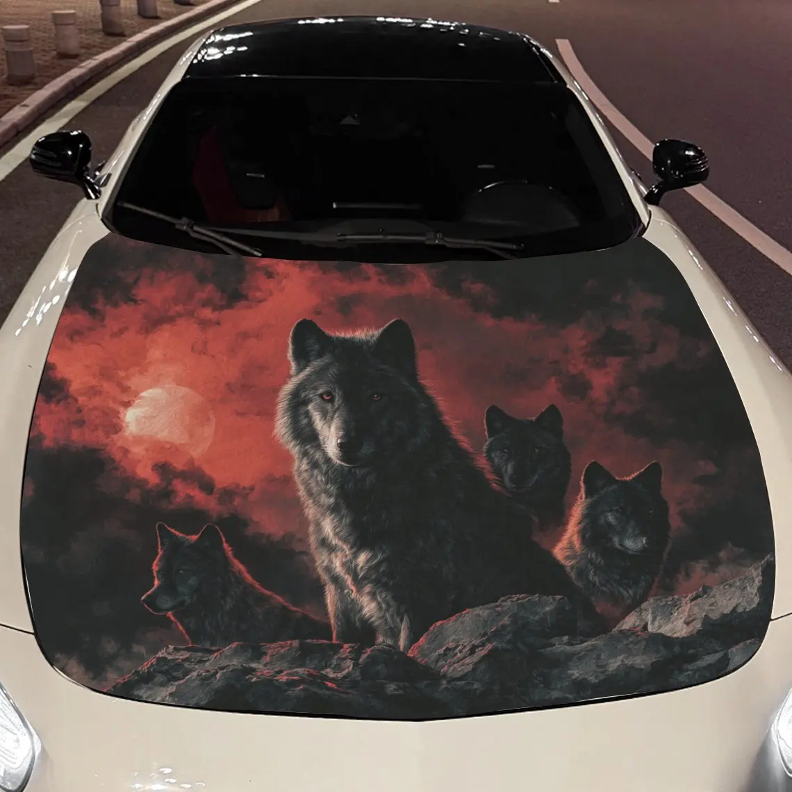 Car Decals A Group Of Wolves With A Mysterious And Dominant Aura In A Fiery Sunset - Themed Backdrop Car Hood Sticker, Waterproo