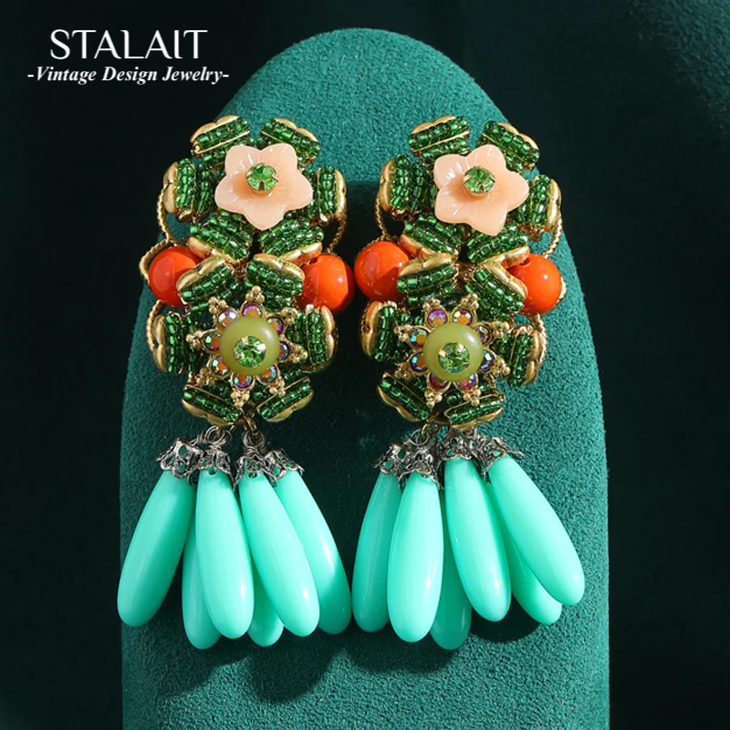 

Retro Outfit Vintage Fashion Flower Earrings Dangle Beads Jewellery Making Woman Antique Gold Color Jewelry Drop Accessories