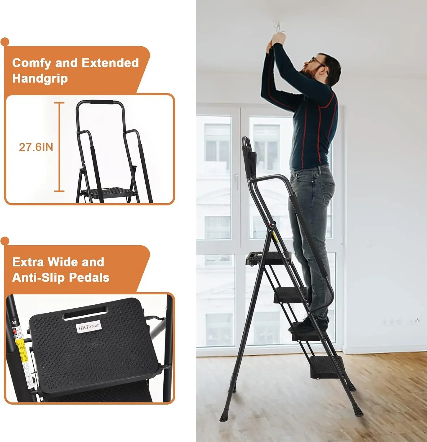 4 step ladder with armrests, 330 lb folding step stool with additional kit and non-slip wide pedals