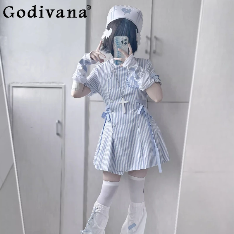 Original Japanese Water Color System Mine Angel Short Sleeve Stripes Dress with Leg Warmer Girl Women's Cosplay Y2k Outfits