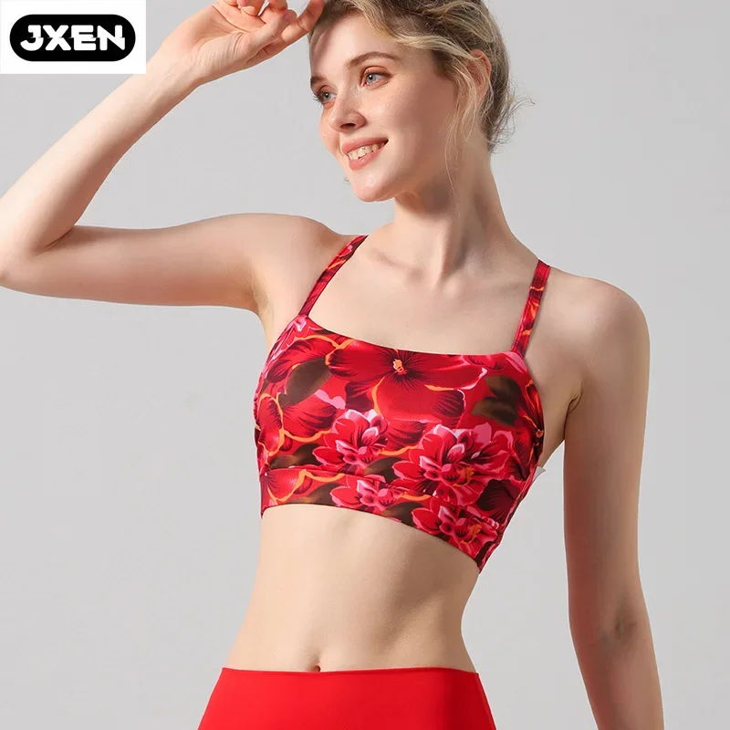 Terno de ioga impresso JXEN para mulheres, crop top, à prova de choque, beleza sutiã pad, esporte