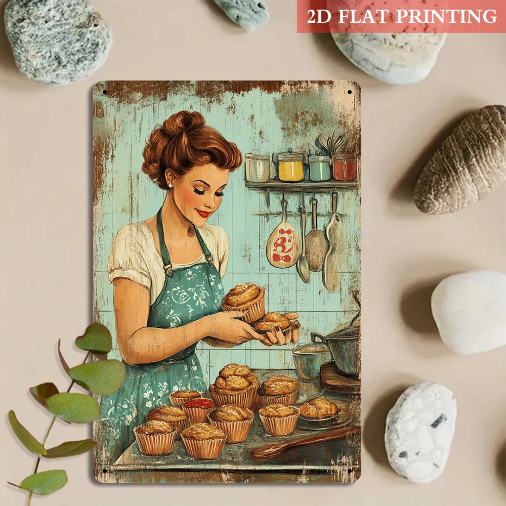 2D Flat, 1pc Vintage Baking Lady Metal Sign - Rustic Iron Wall Art with Kitchen Scene, Perfect for Home, Restaurant