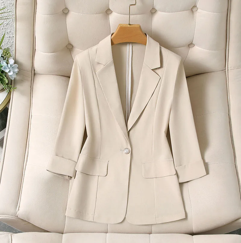 Women's Slim Fit Short Length Thin Suit Jacket Casual Style Seven Sleeve Button up Top Polyester Fabric Spring Summer New Arr...