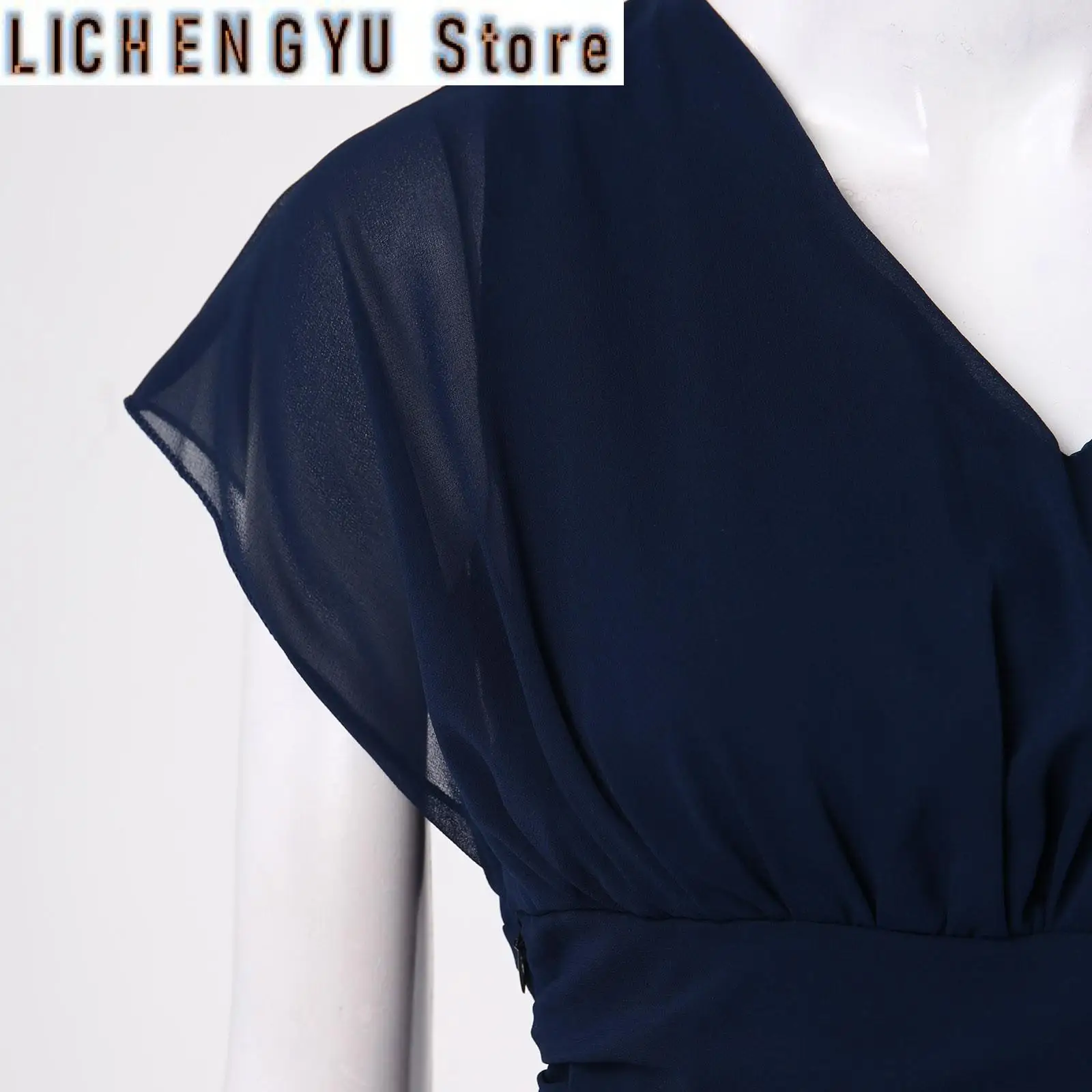 レディースドレスウェディングパーティーブライドメイドエレガントな V ネックシフォンドレススリムハイウエストフラッター薄手のメッシュスリーブロングドレス