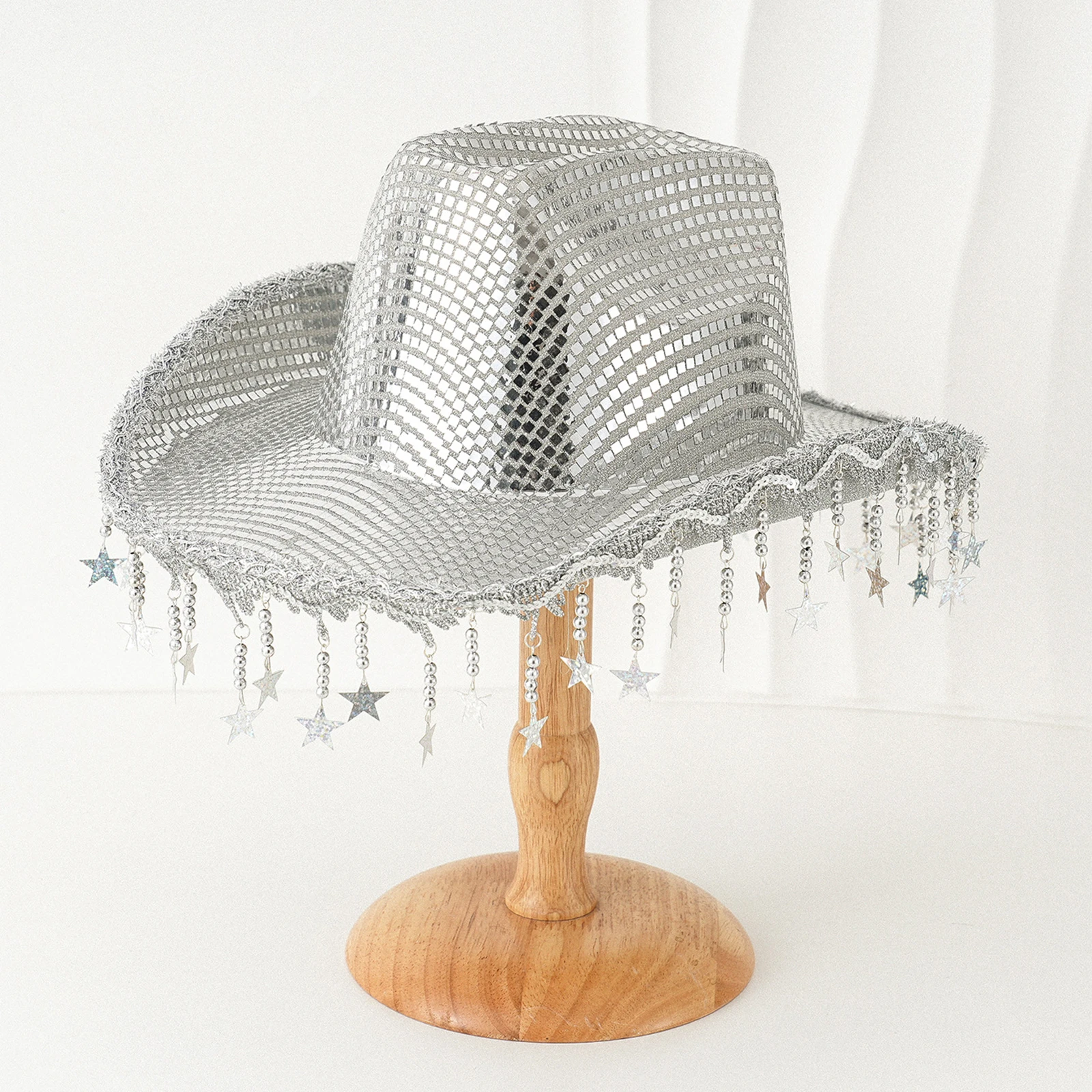 Female Shiny Cowgirl Hat Wide Brim Western Bling Stars Tassel Cowgirl Hat Themed Party Cap Creative Glitter Party Cowboy Hat