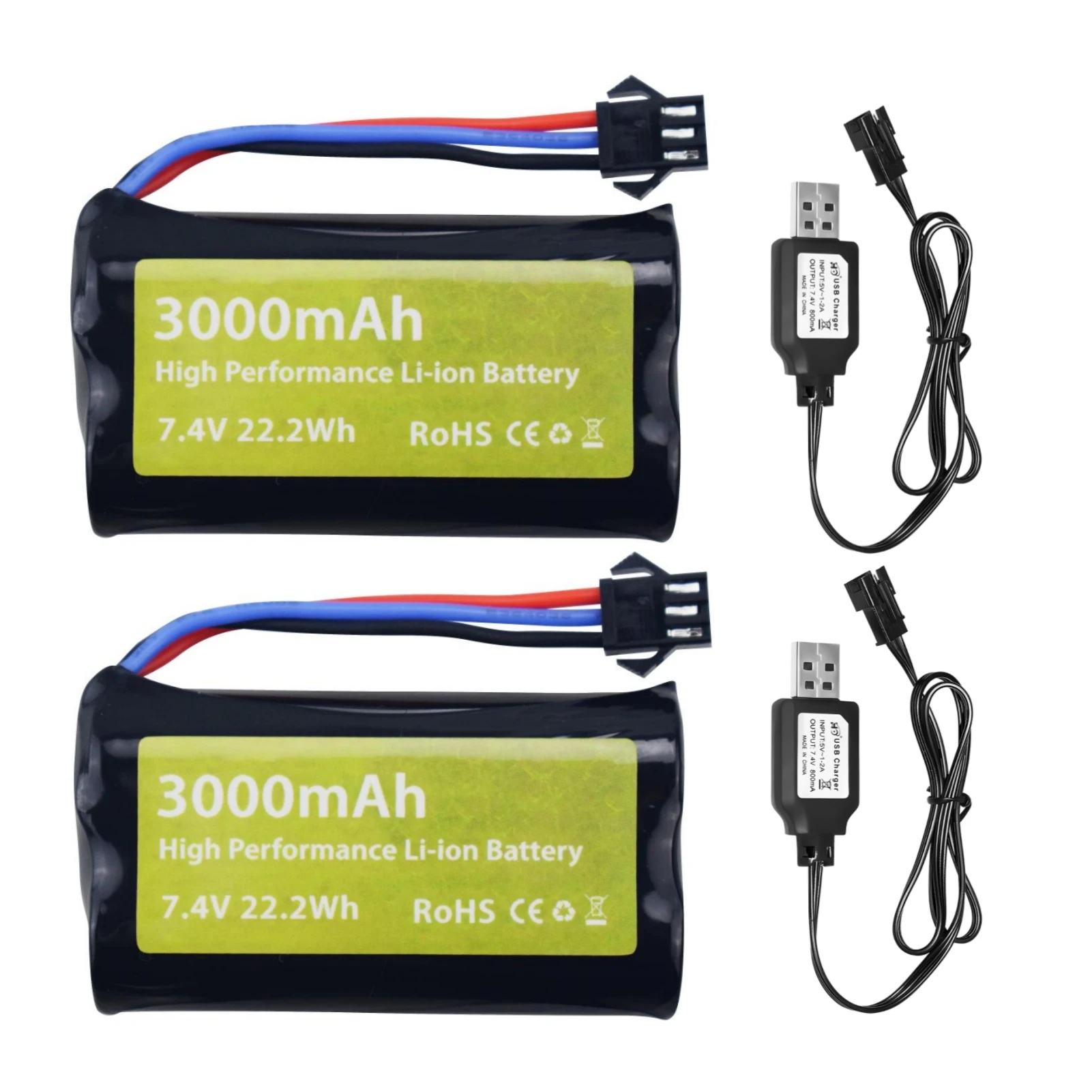 2PCS 7.4V 3000mAh 15C 2S SM-3P Plug Li-ion Battery with USB Charger for DE43 DE60 9500E RC Car,Huina 1575 RC Engineering Vehicle