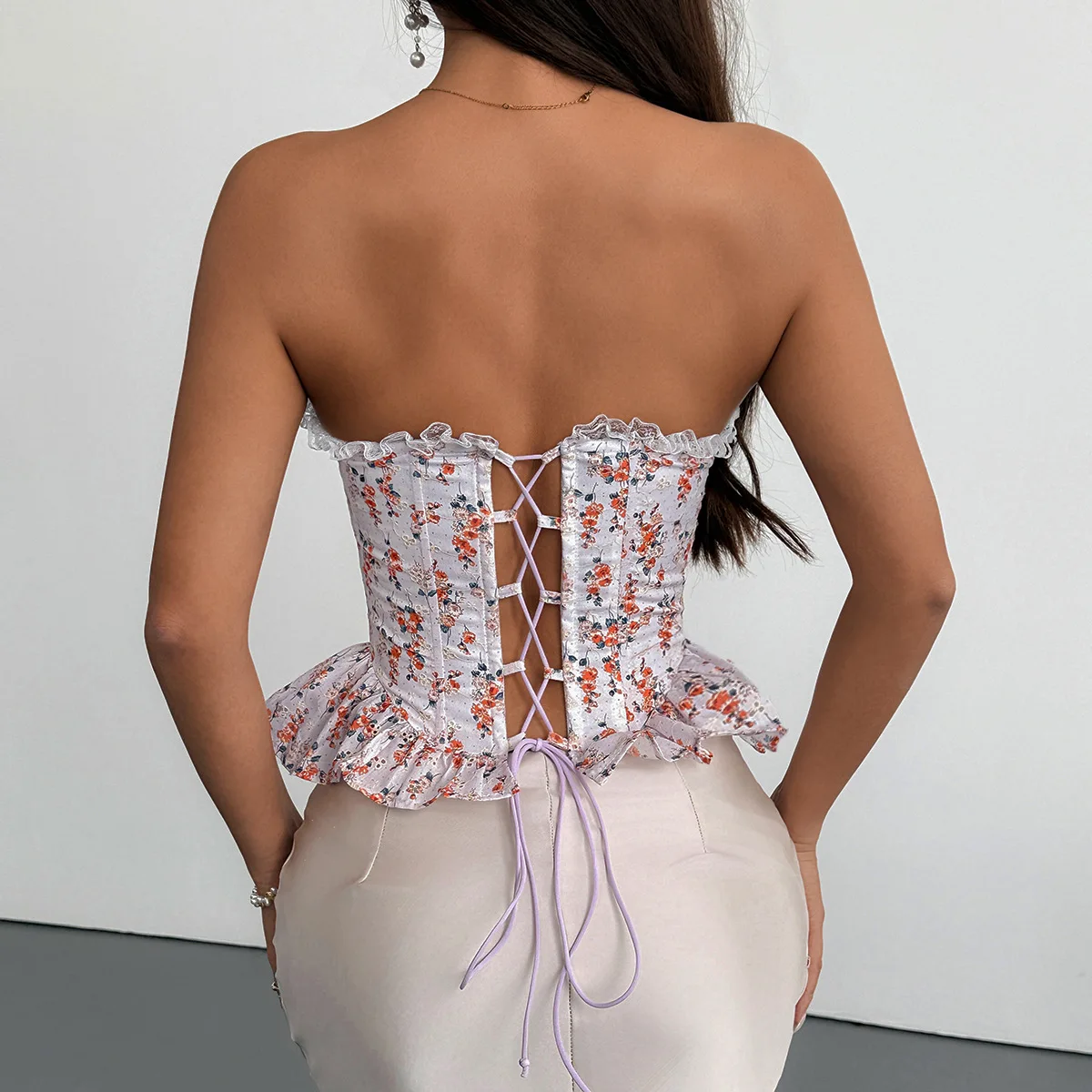 Damen Süßes Blumenmuster Trägerloses Korsett-Bustier-Top mit Stahlbügeln, Spitzenbesatz und Rückenverschluss – Figurformendes Outfit für Party und Cottagecore-Look – Detail 13
