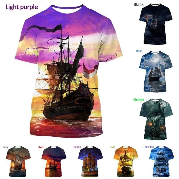 2024 Fashion Casual Street Shirt Summer 3D Printing Pirate Ship Print Round Neck T-shirt Loose Top Unisex Short-sleeved