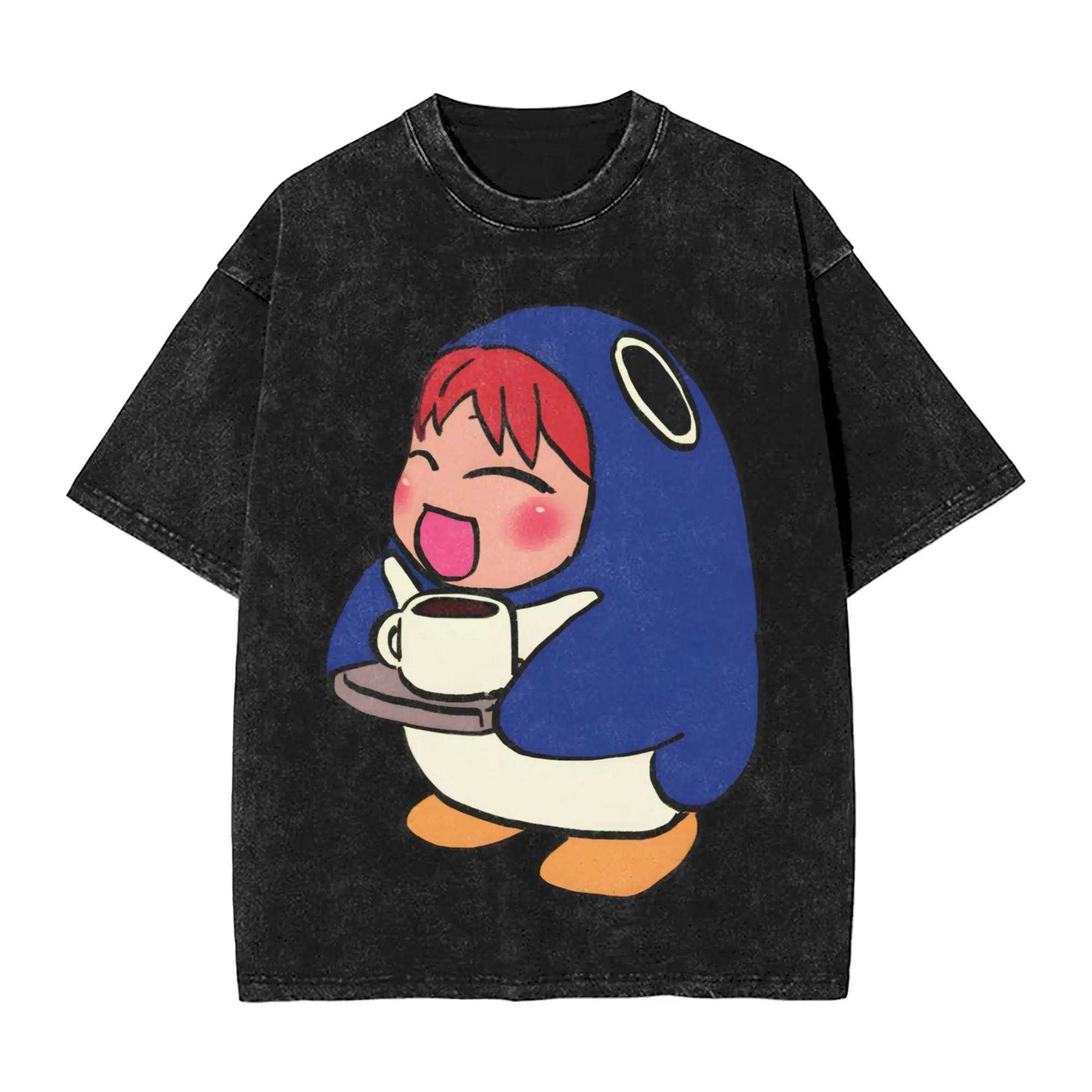 Streetwear Washed T Shirt Azumanga Daioh Simple T Shirts I draw cafe penguin suit Fashion Tshirt Man Summer Y2K Funny Clothing