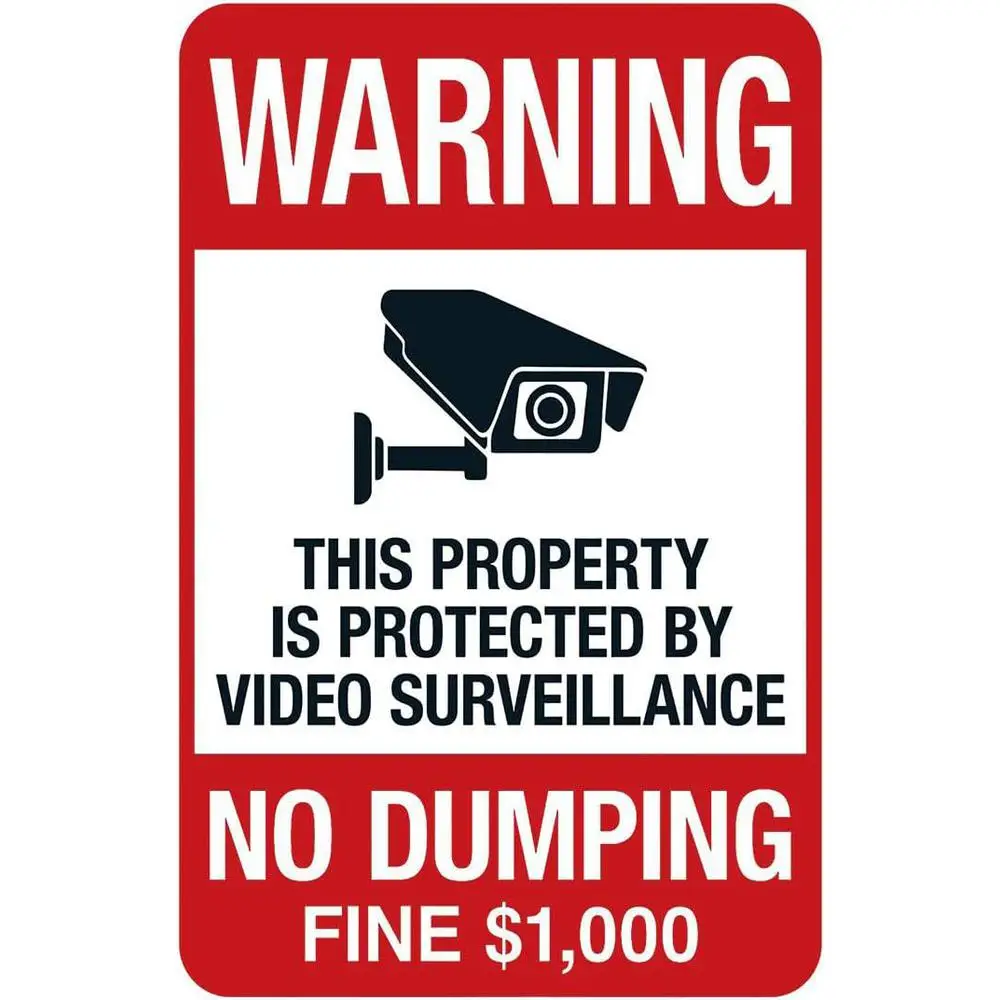 No Dumping Warning Sign with $1000 Fine - Security Camera Surveillance Detection - Heavy-Duty Metal Property Sign -   - Pre-Dril