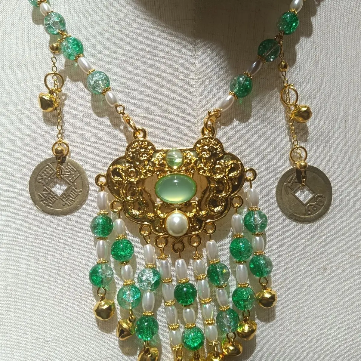 สร้อยคอ TGCF ชื่อ Qi Rong สำหรับคอสเพลย์ ทำมือ พู่ห้อยสไตล์โบราณ อนิเมะ สีเขียว