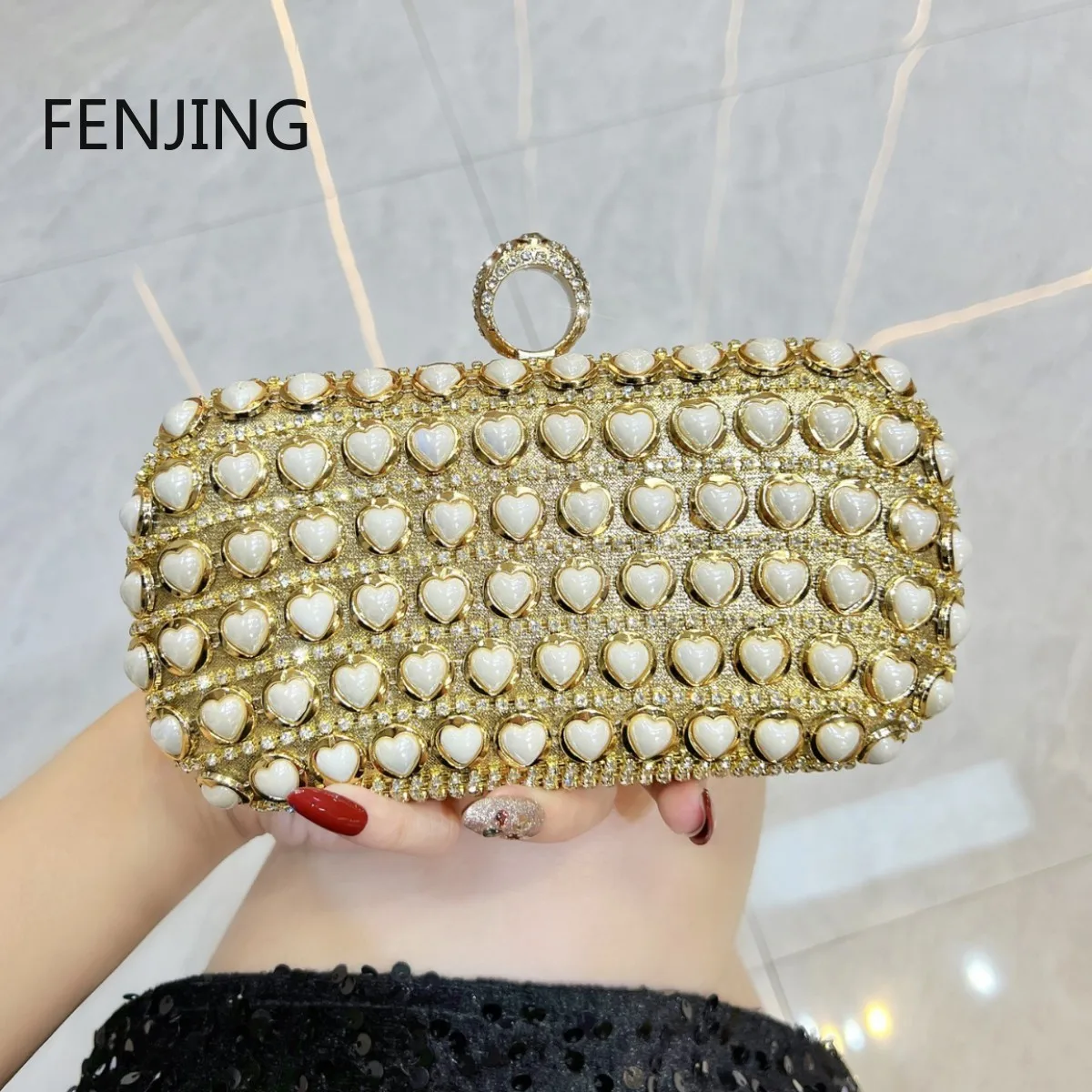 Women Luxury Rhinestone Heart Decor Clutch Bag Elegant Finger Ring Handle Evening Bag Wedding Party Shoulder Crossbody Handbag