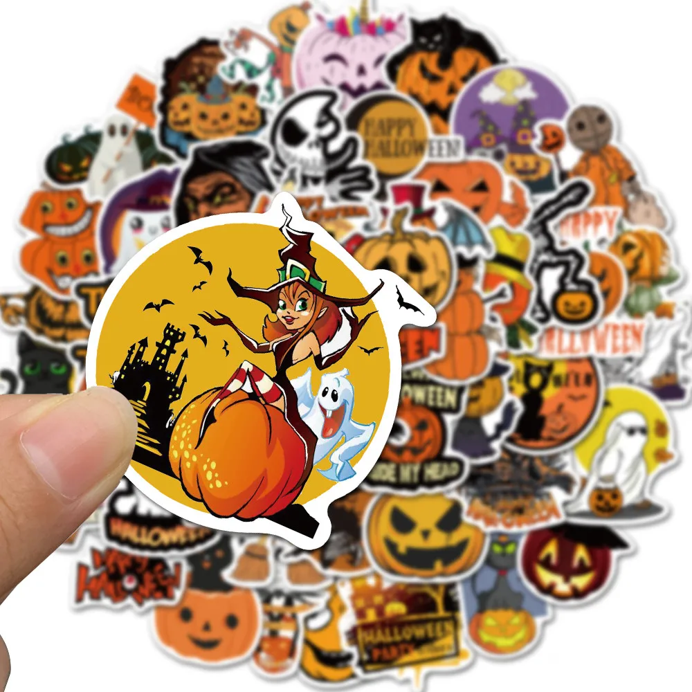 50Pcs Spooky Halloween Waterproof Decals, Pumpkin Ghost Bat Stickers for Laptop, Tumbler & Travel Luggage Custom Graffiti Decor