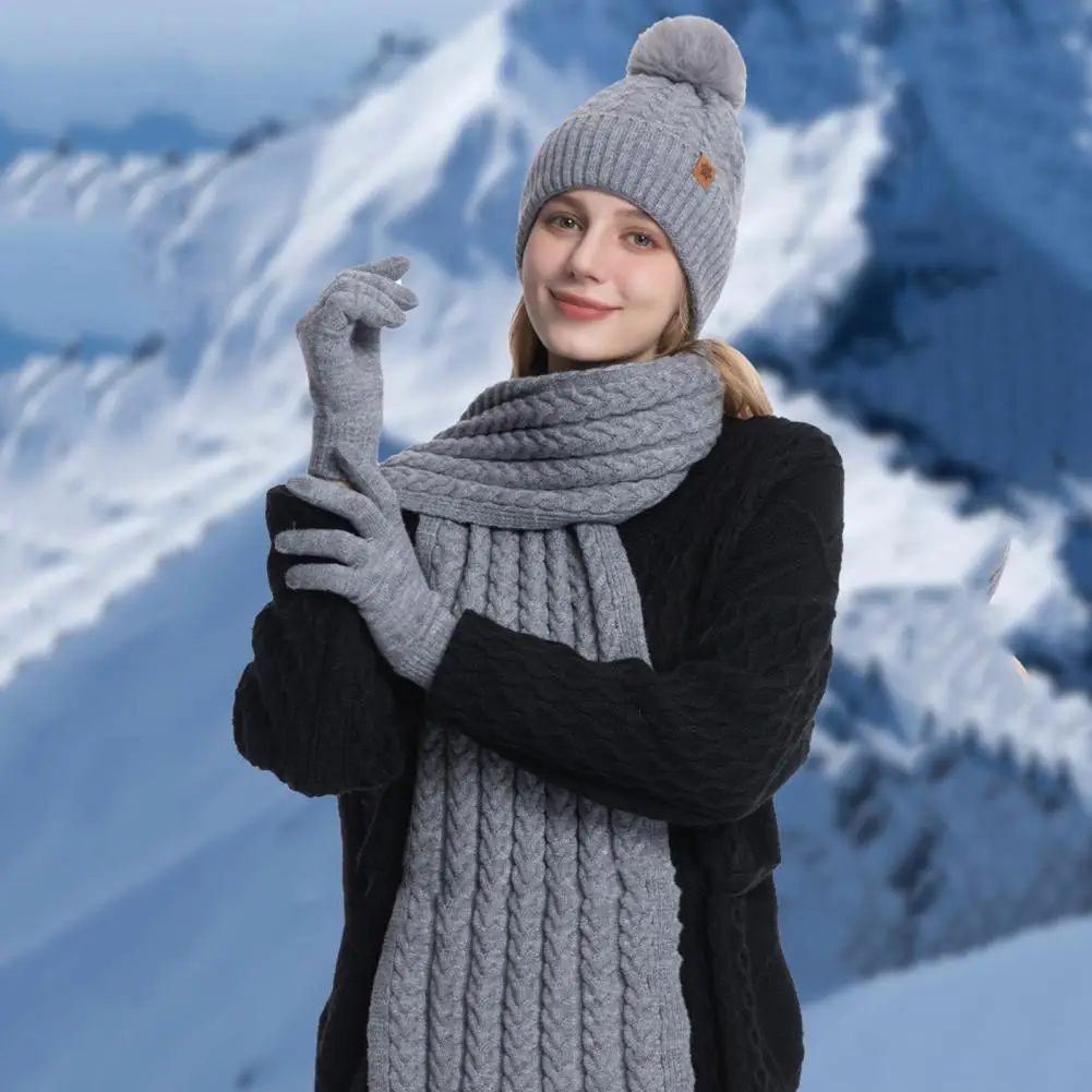 

3Pcs/Set Women Winter Warm Set Plush Ball Knitted Beanie Hat Twist Texture Scarf Fleece Lined Gloves Set Thermal Lined Hat Set