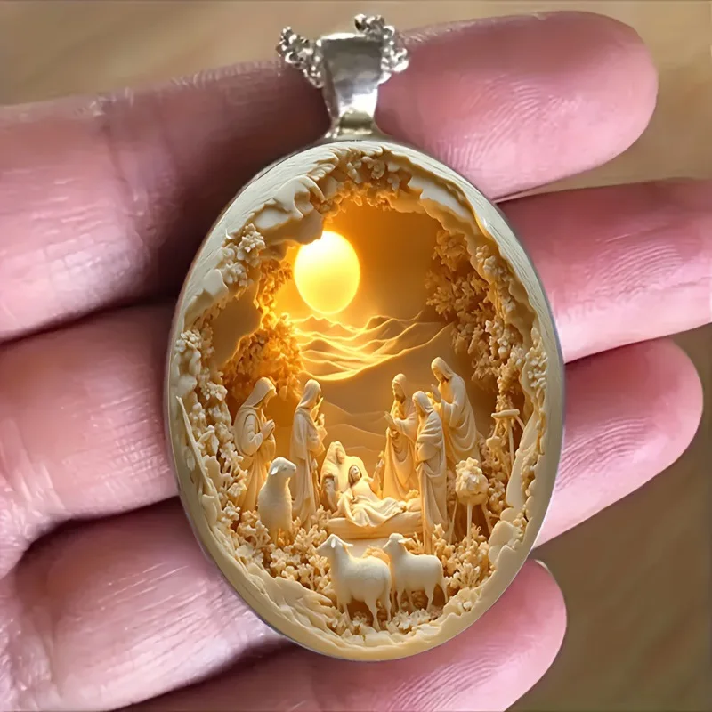 

Овальный кулон с 3D-резьбой в виде рождественского вертепа, с теплым свечением, религиозное украшение для повседневного ношения, на Рождество, Пасху, для мужчин и женщин.