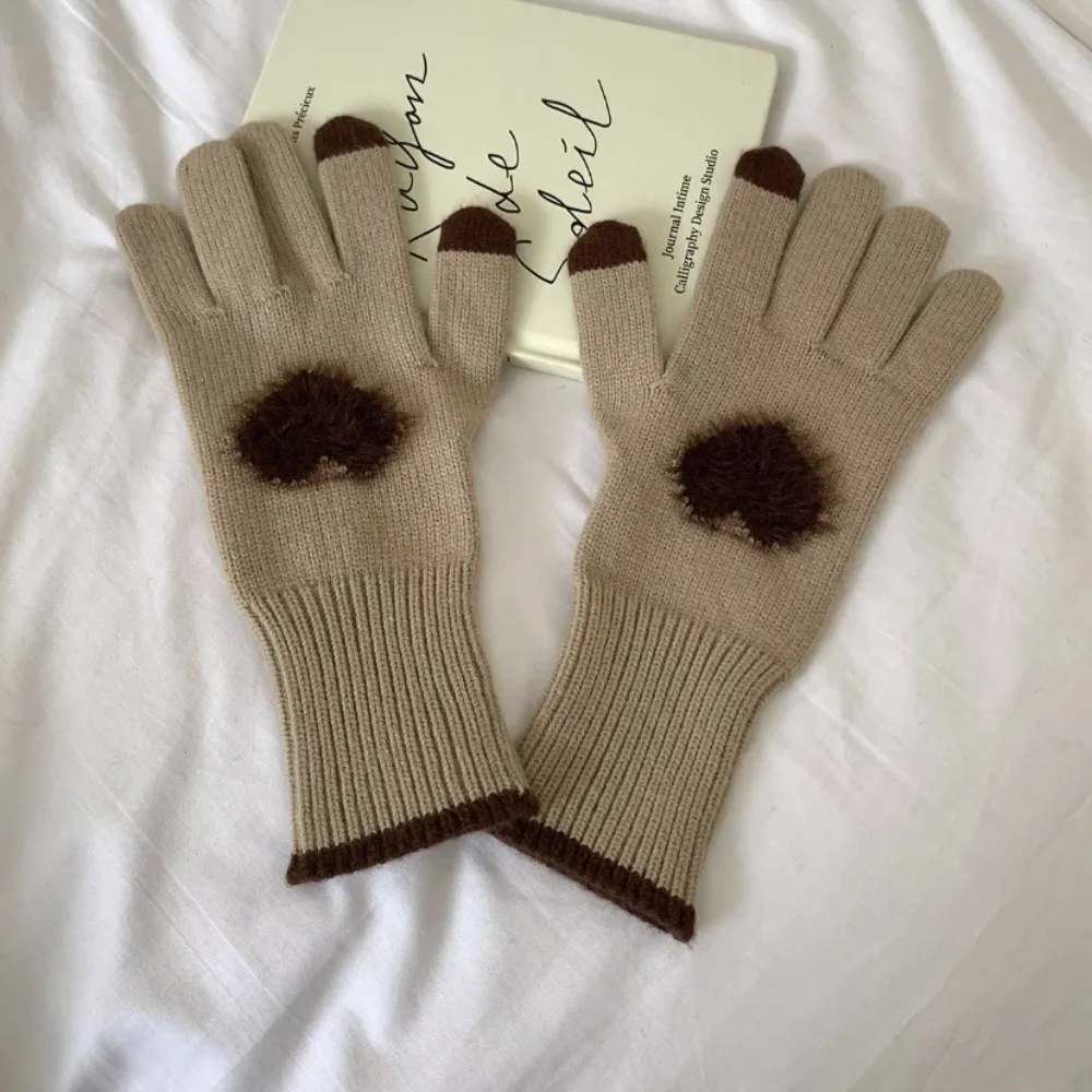 Elegant Touchscreen Women Knitted Gloves Warm Windproof Love Heart Gloves Thicken Full Finger Cycling Gloves Snowboard