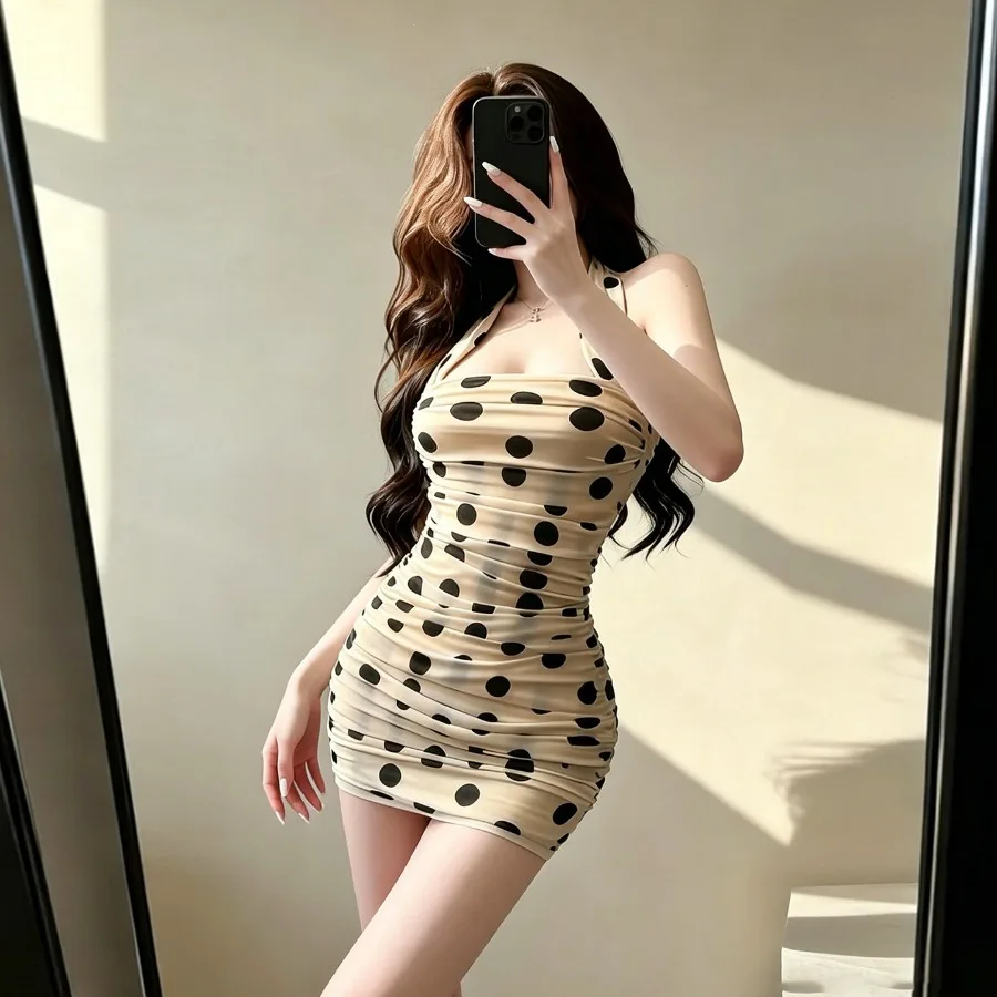 

【New style】 - 2026 spring and summer new women's clothes retro hot girls polka dot print hanging neck back-back slim dress for