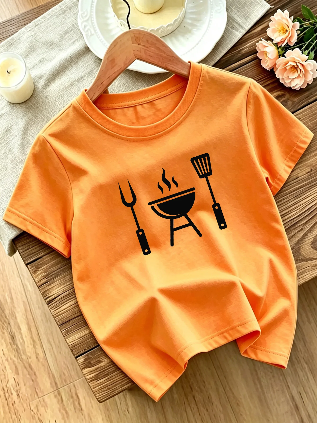 Cute Barbecue Grill Tools Print Family Matching T Shirt Boys Girls Tee Parent Child Casual Top Mom Dad Kids Summer Daily Wear