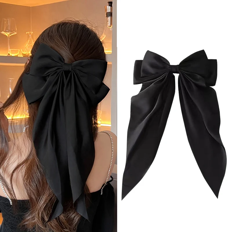 Lystrfac Fashion Stain Solid Color Hair Bow Hairpin for Women Fabric Long Ribbon Hair clips Top Clip Female Hair Accessories