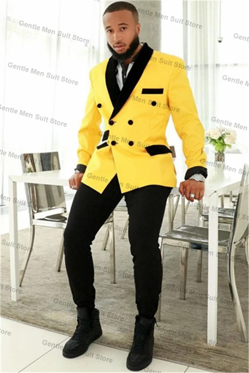 

Yellow Men Suits Set 2 Piece Blazer+Black Pant Wedding Tuxedo Coat Customized Double Breasted Formal Office Jacket Trouser