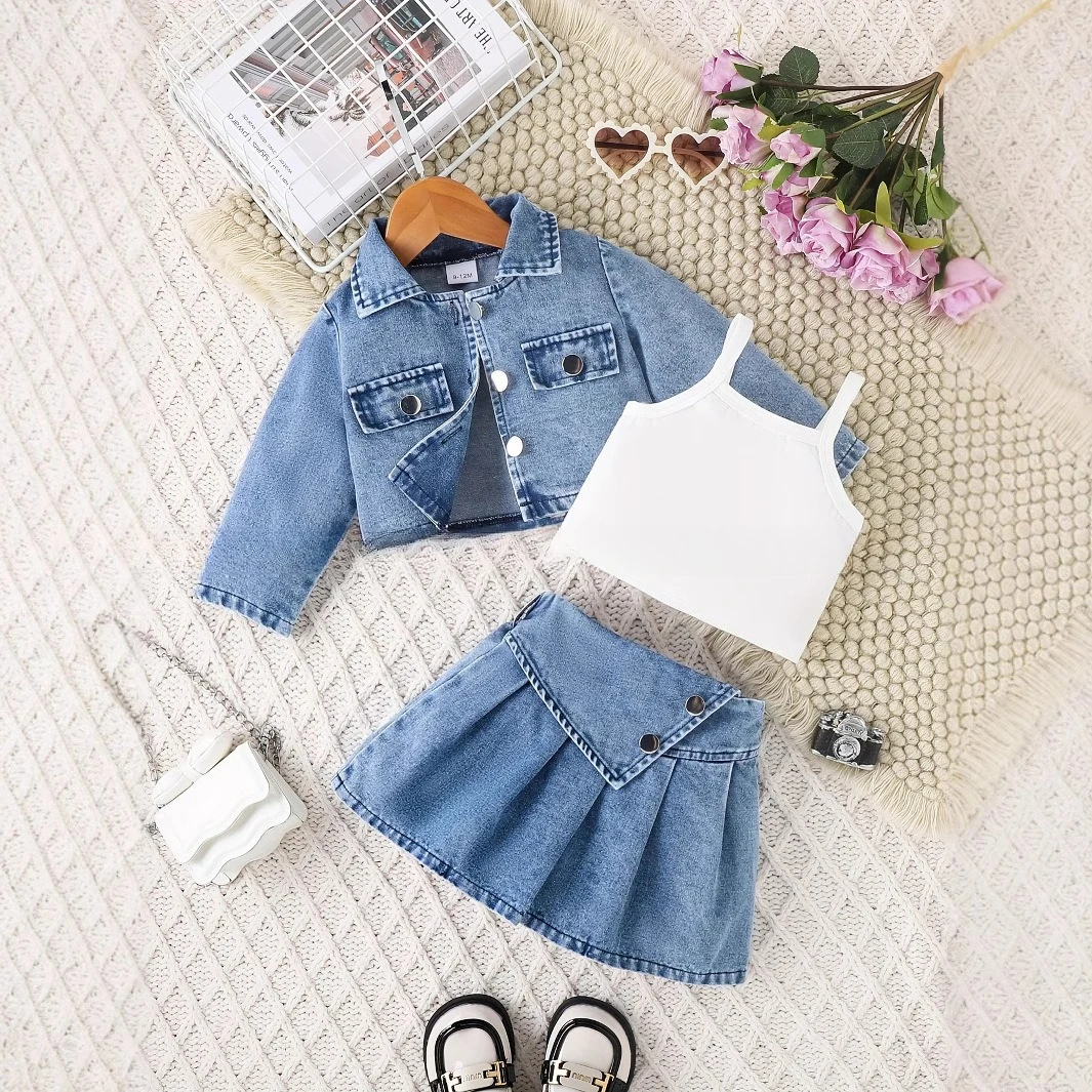 Kid Girl Stylish Blue Denim Dress Children Casual Outfit Three Piece Set Long Sleeves Jacket Vest Metal Buttons Pleated Skirt