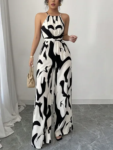 Imagen 2 del producto Novedad de verano de gama alta, mono retro versátil con cordones en la cintura, adelgazante, estampado, cuello colgante para mujer