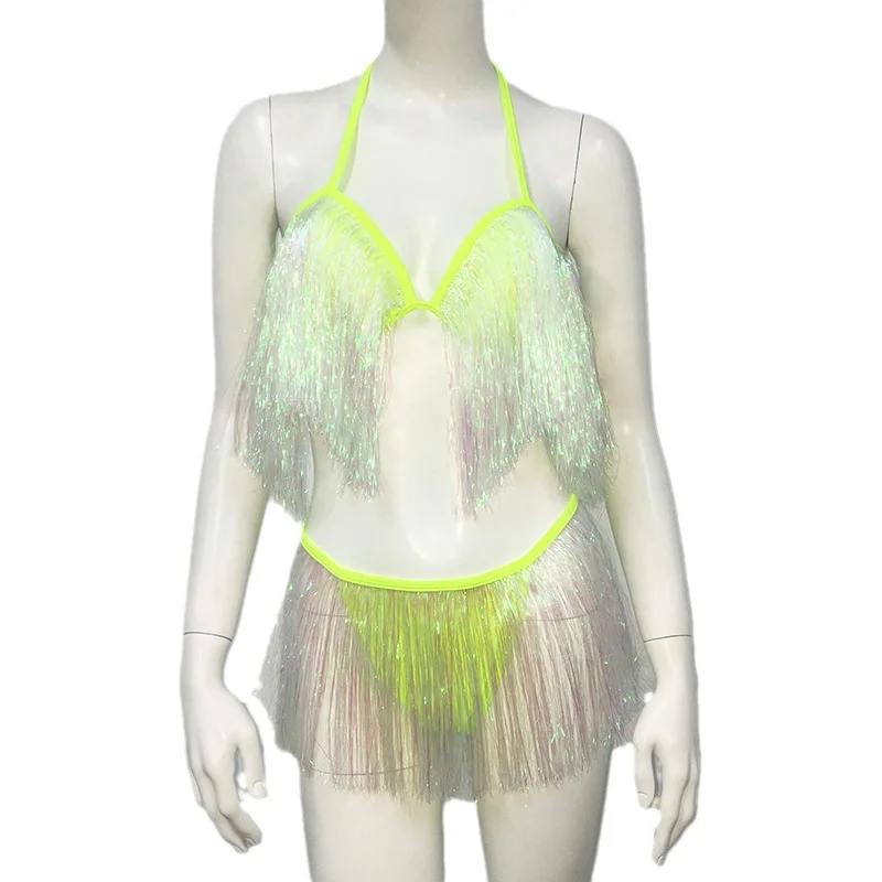 FestivalQueen-Maillot de bain à col licou à lacets pour femme, micro bikini sans fil, glands brillants, fête de festival de musique, sexy