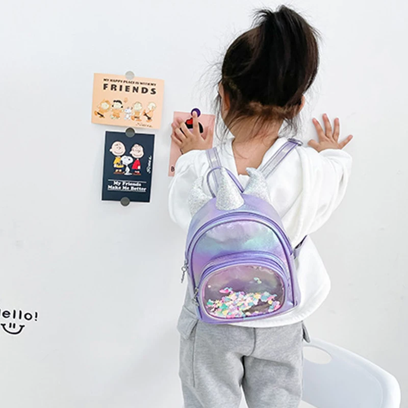 Mochila escolar con lentejuelas para niños, bolsa de libros con diseño de unicornio bonito, transparente, para guardería