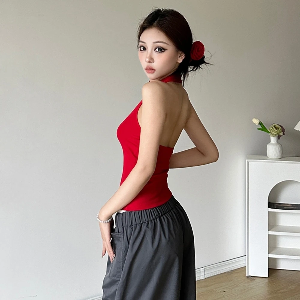 SylCue Flower Applique Vest Women Halter Low-Neck Off Sleeves Backless Personality Niche Look Thinner Atmosphere Style Outfits
