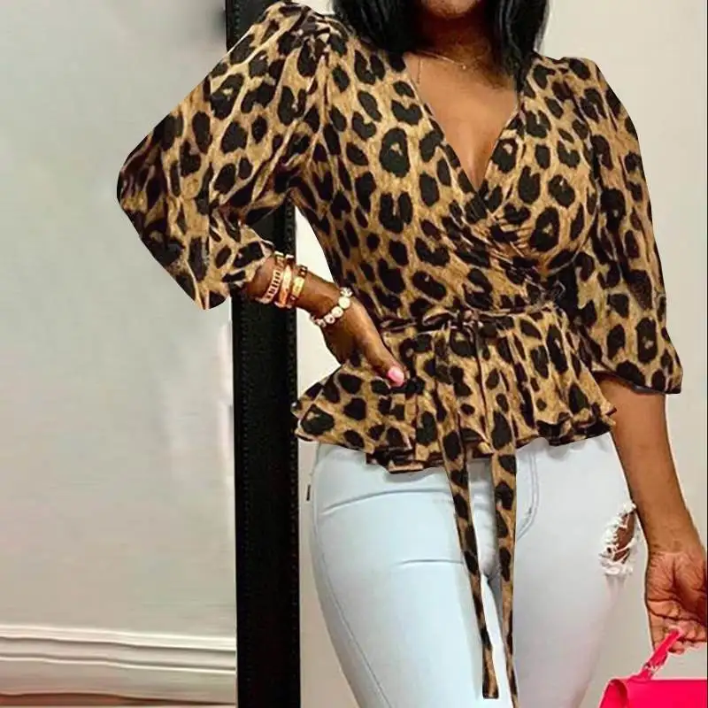 

Sexy Deep V Neck Leopard Print Pullover Shirt For Women Elegant Three-quarter Sleeve Ruffled Lace Up Top 2024 Summer New Lady