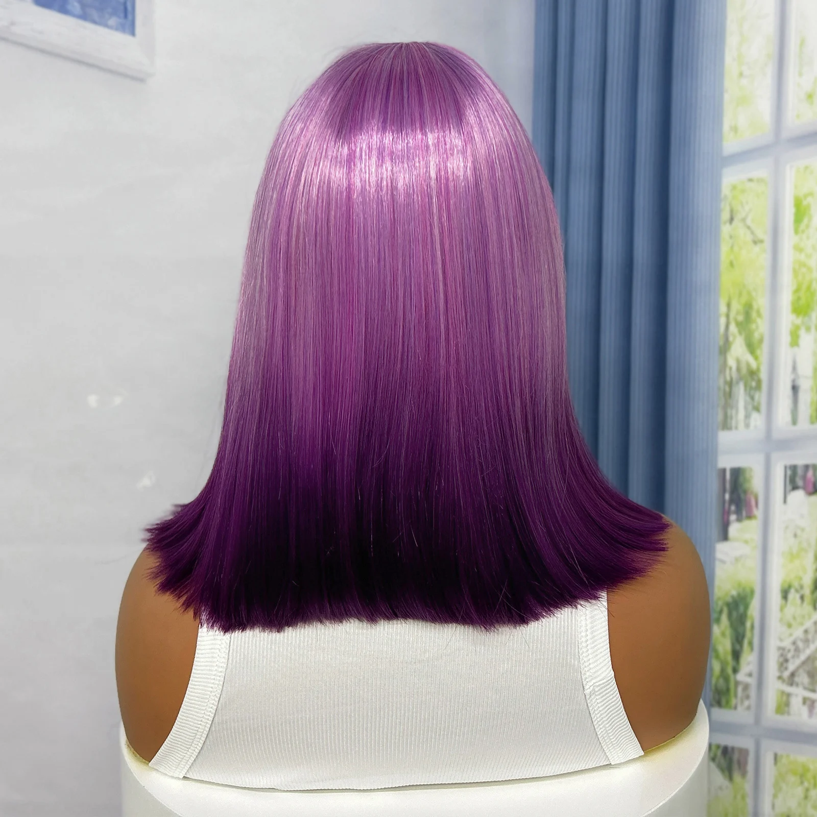 12 Inches Short Bob Wigs Cosplay Synthetic Wigs Machine Made Purple Straight Ombre Color Wigs for Women Heat Resistant