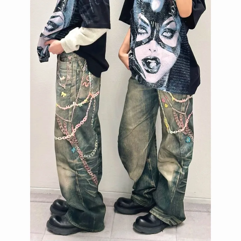 New 3D Digital Printed Candy Chain 1981  Printed Lace Pearl Straight Jeans for Men and Women Streetwear Individualistic Trousers