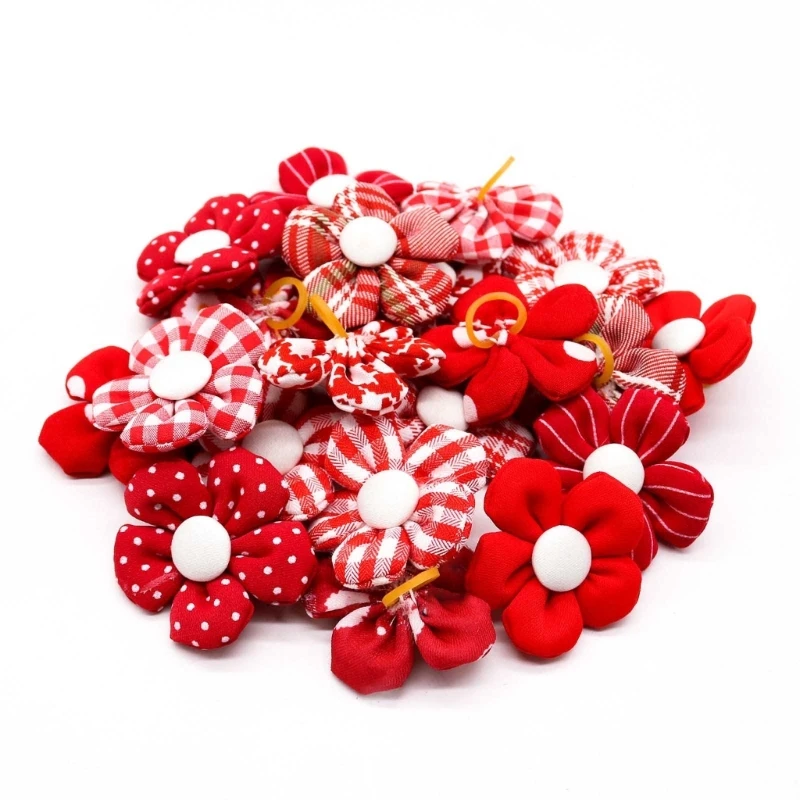 20PCS Lovely Flower Hair Rope Fabric Festival Theme Hairties for Pet Dog Cats Valentines Day Various Pet Hair Decoration