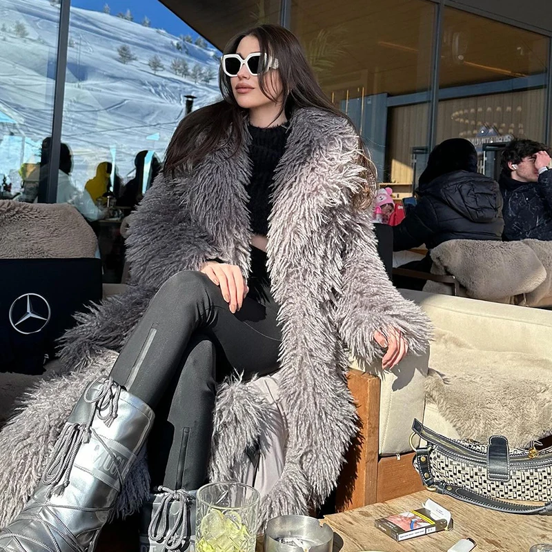 Neo Mint Extra Long Luxury Lamb Fur Teddy Coat Women 2024 Winter Ladies Mob Wife Style Oversized Chunky Faux Fur Jacket Overcoat