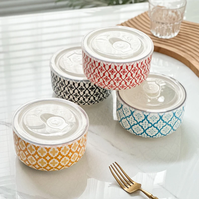 Cuenco bohemio para mantenimiento fresco con tapa de 5,3 pulgadas, cuenco multiusos apto para microondas, fruta/salada/pasasta/riso/sopa, 1 paquete