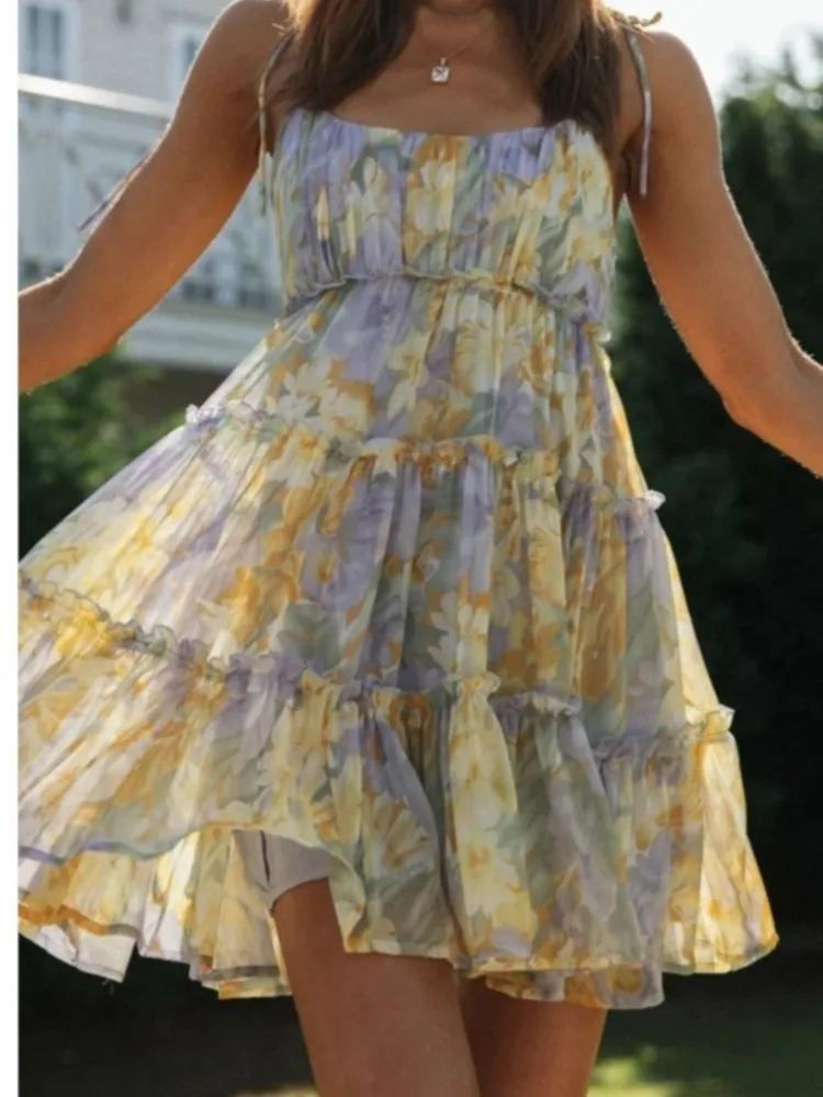 Y2K frauen Mini Kleid Frühling Sommer Neue Resort Stil Sexy Floral Print Strap Eleganz Robe Party Prom Nachtclub Strand Vestidos