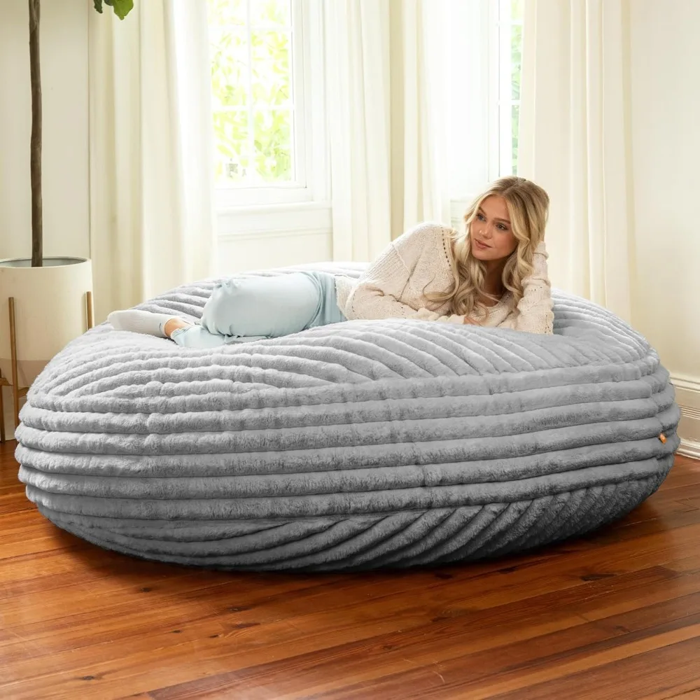 6 Foot Cocoon - Large Bean Bag Chair for Adults, Premium Luxe Faux Fur - Mondo Grey,72